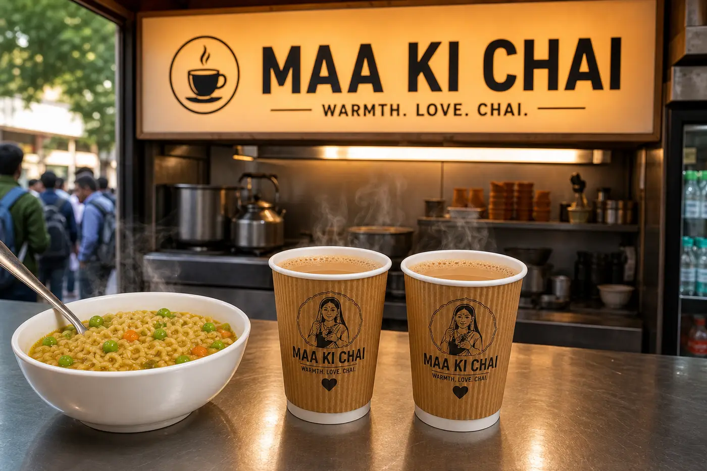 Compact Maa Ki Chai two-leg counter with branded cups