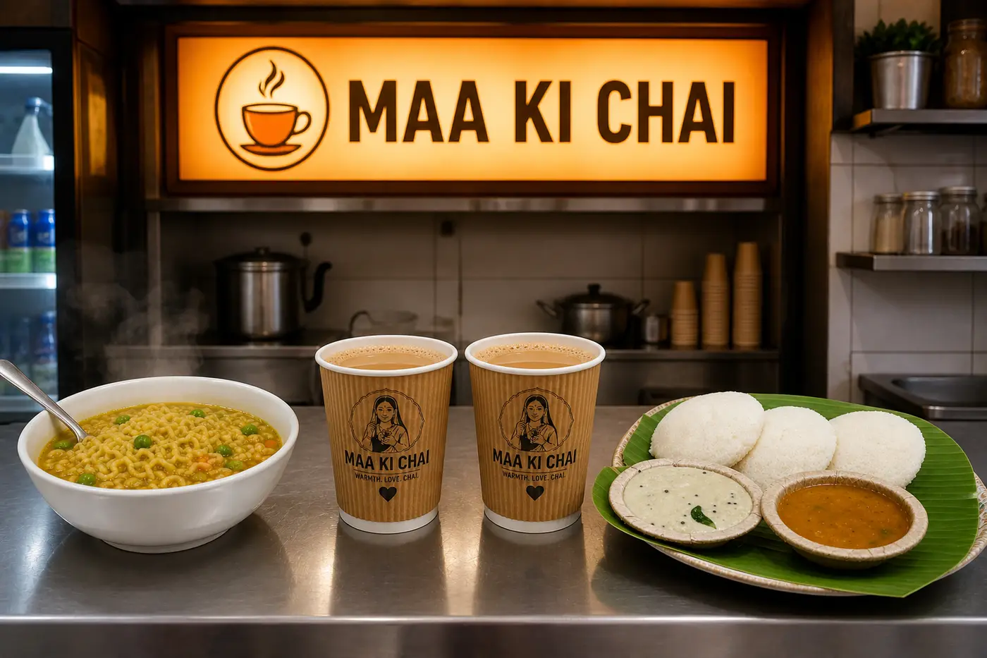 Branded Maa Ki Chai cafe counter with a fuller food and beverage menu